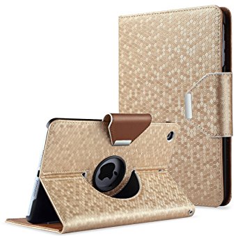 iPad Mini Case,iPad Mini 2 Case,iPad Mini 3 Case,iPad mini Retina Case,ULAK 360 Degree Rotating Synthetic Leather Case Cover for Apple iPad Mini 1/2/3 (7.9-inch) with Auto Sleep/Wake Function(Gold)