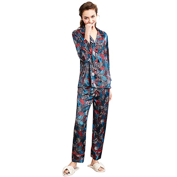 Belle Heure Women’s Pajamas Set Long Sleeve Silk Satin Classic Floral Pj Set S-XL