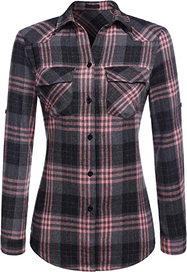 Beyove Womens Flannels Plaid Shirt Long/Roll Up Sleeve Classic Button Down Tops with Pockets S-XXL
