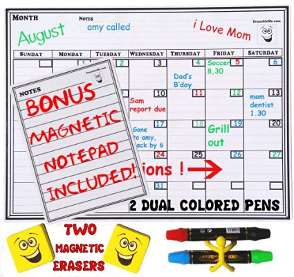 Magnetic Dry Erase Monthly Calendar Kit - INCLUDES - Perpetual Calendar 16" x 12" - Notepad 4" x 6" - Markers - Yellow Whiteboard Erasers - "Pen Butler" Fridge Magnet