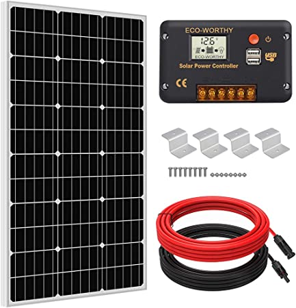 ECO-WORTHY 100 Watt 12 Volt Solar Panel Kit for RV Battery Boat Trailer Cabin Garden Shed Home: 100W Solar Panel 30A PWM Solar Charge Controller Z Mounting Brackets