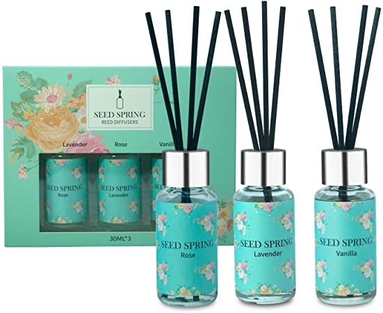 Reed Diffuser Set of 3, Lavender Rose Vanilla Oil Reed Diffuser Free of Harmful Chemicals Used for Bedroom Living Room Interior Bathroom Scent Diffuser Box Packaging 30ml x 3