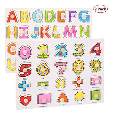 2 Pack ABC Alphabet / 123 Number Jigsaw Puzzles Letter Learning English Kids Children Wooden Peg Pattern Early Education Toys Enlightenment Puzzle Toy