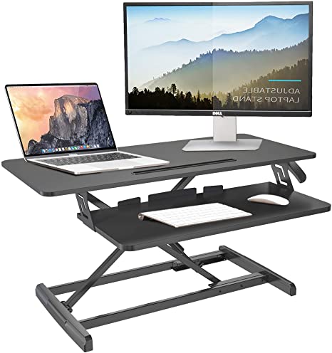 IBAMA Height Adjustable Standing Desk Converter 34.6" Tabletop Sit Stand Up Desk Fits Dual Monitors, Deep Keyboard Tray, Gas Spring Quick Lift Ergonomic Table Riser Black