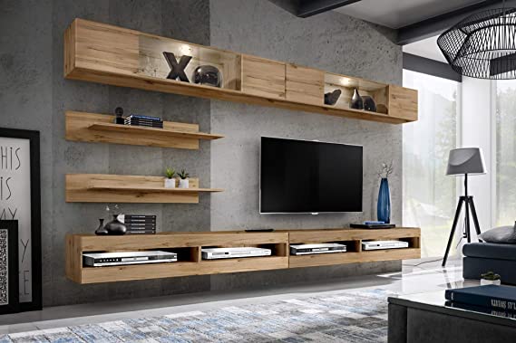 Meble Furniture & Rugs Fly I3 34TV Wall Mounted Floating Modern Entertainment Center (Oak)