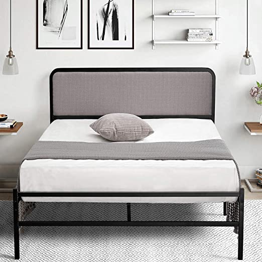 Albott Full Bed Frame/Platform Bed with Upholstered Headboard & Strong Four U-Shaped Metal Frame - Heavy Duty Metal Mattress Foundation/Easy Assembly/No Box Spring Needed/Noise-Free, Light Grey