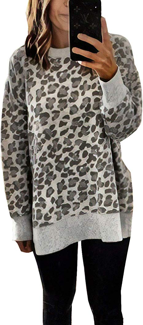Murimia Women's Camouflage Leopard Print Sweatshirt Round Neck Long Sleeve Loose Blouse Top