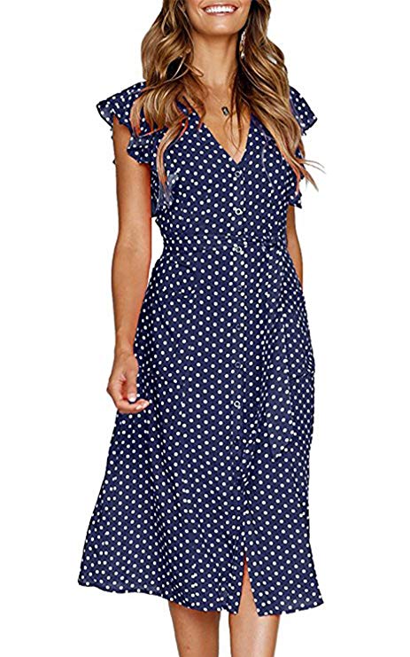 Angashion Women's Dresses-Short Sleeve V Neck Button T Shirt Midi Skater Dress Pockets