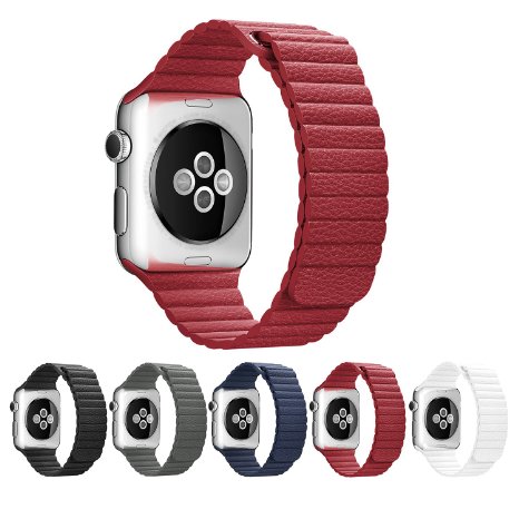 Apple Watch Band 42mm, OULUOQI® Leather Loop with Magnetic Closure Strap Bracelet Leather Apple Band Replacement iWatch Band for Apple Watch 42mm Red