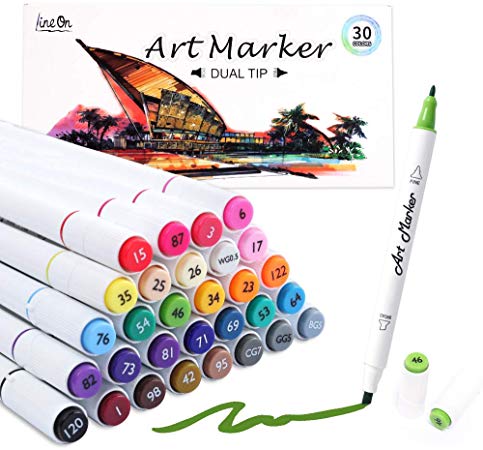 Dual Tip Alcohol Based Art Markers, Lineon 30 Colors Alcohol Marker Pens Perfect for Kids Adult Coloring Books Sketching and Card Making