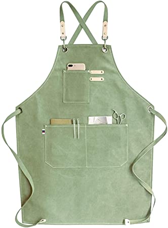 Chef Apron, Cotton Canvas Cross Back Adjustable Apron with Pockets for Women and Men, Kitchen Cooking Baking Bib Apron, Adjustable Strap and Large Pockets,Canvas, M-XXL- Light Mint