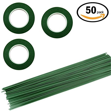 3 Rolls Floriculture Paper Tape ,Floral Tape for Stem Wrap Flower Tape with 50 Pieces 16 Inch Floral Stem Wire,Dark Green