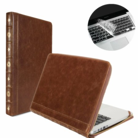 Se7enline Classic Book Case for MacBook Pro 13 inch with Retina display Model A1502/A1425 -Brown Vintage PU Leather Premium Quality Zipped Sleeve Filp Carrying Cover with Transparent Keyboard Cover