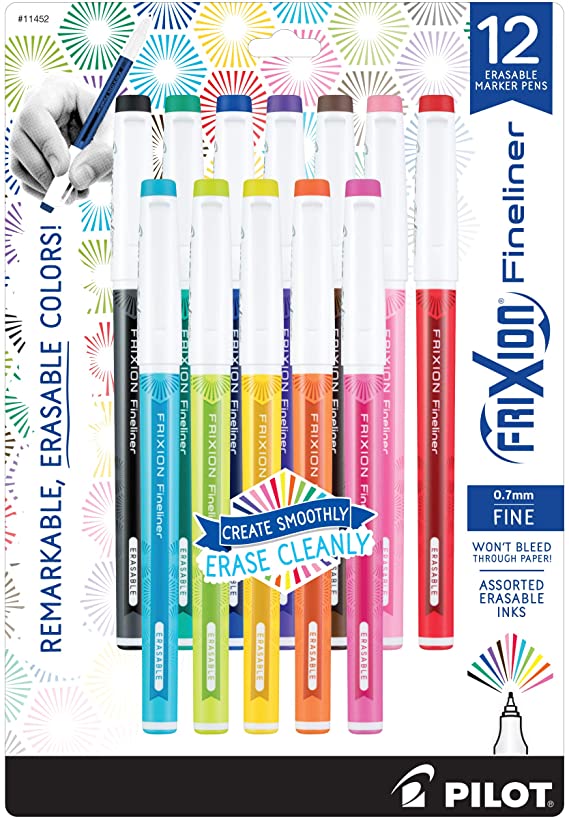 Pilot FriXion Fineliner Erasable Marker Pen, Fine Point (0.6mm), Assorted Colors, 12 Pack (11452)