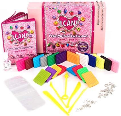 KRAFTZLAB Make My Own Clay Charms Craft Kit for Girls Includes 14.1 OZ Clay, 20, 2 Charm Bracelets and Much More - Polymer Charms Clay Set and Ideal Crafts Gift for Kids Ages 7 12