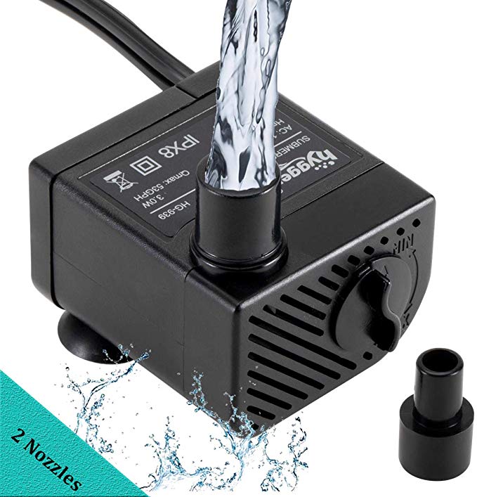 Hygger Ultra Quiet 53GPH (200L/H, 3W) Submersible Mini Water Pump Comes with 2 Nozzles, for Aquariums, Fish Tank, Fountain, Hydroponics, Max Lift Height 1.7ft,120V/60HZ, Power Cord 6ft