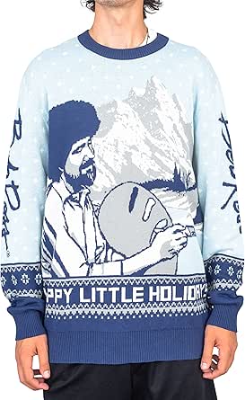 Bob Ross Happy Little Holidays Blue Ugly Christmas Sweater