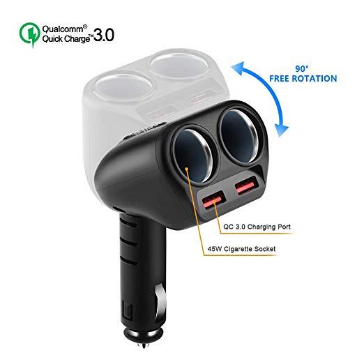 Rocketek Dual USB Quick Charge 3.0 Car Charger Adapter with Build-in 2 Way Car Splitter Adapter, 90W 12V/24V DC Outlet 2-Socket Car Cigarette Lighter for iPhone/ipad/Android Cell Phone, GPS, Car DVD