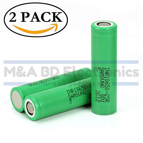 Samsung High Drain INR18650-25R 20A 2500mAh Rechargeable Flat Top 3.7V Battery, (2 Pcs) by M&A BD Electronics