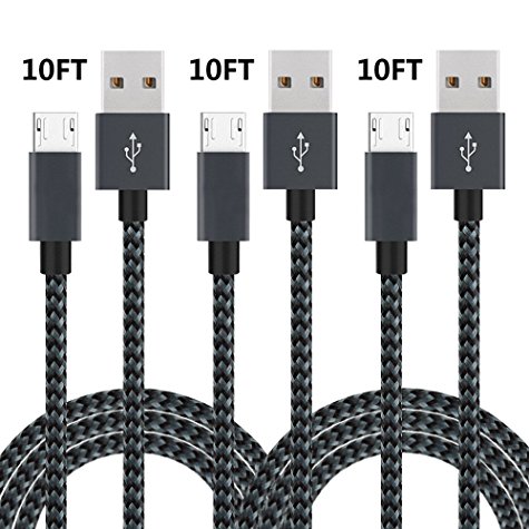 Micro USB Cable, Royu Micro USB Charging Cable 3Pack 10FT Premium Nylon Braided High Speed USB 2.0 A Male to Micro B Cable for Samsung, Nexus, LG, Android Smartphones and More (3Pack 10FT)