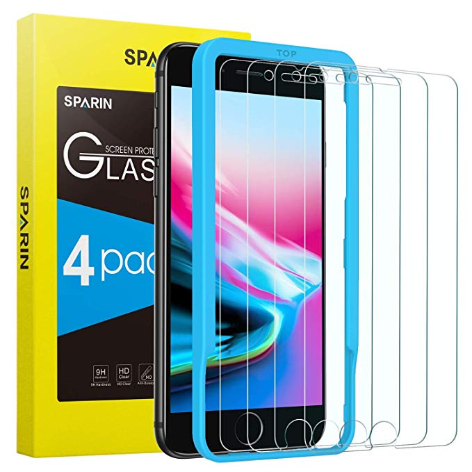 SPARIN [4 Pack Compatible with iPhone 8/7 / 6s Screen Protector, [Easy Install Tool] Tempered Glass Screen Protector [Bubble Easy Installation] [2.5D Curved Edge] [HD Clear]