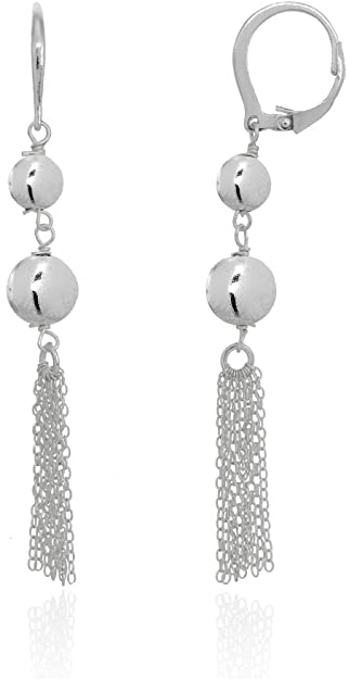 Sterling Silver Dangling Two Beads Tassel Long Drop Leverback Earrings