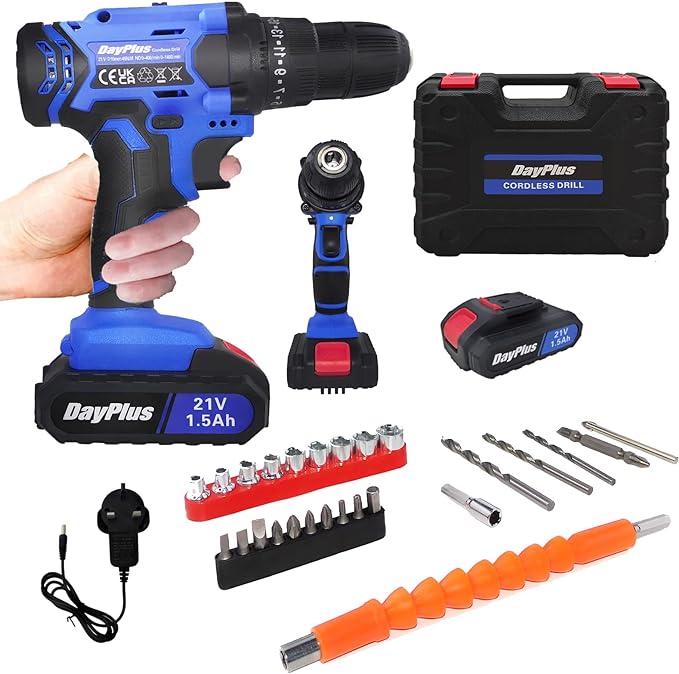 21V Cordless Drill with 2 * 1500mAh Batteries, 45Nm Electric Screwdriver, 3/8" Chuck, 25 1 Torque, 2 Speed - 400rpm/1400rpm, Power Combi Drill with 26pcs Accessories & Case