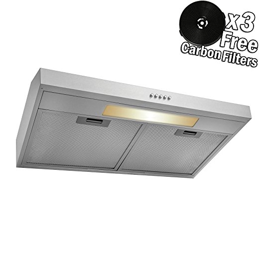 AKDY 24" Under Cabinet Stainless Steel Push Panel Kitchen Range Hood Cooking Fan w/ Carbon Filters