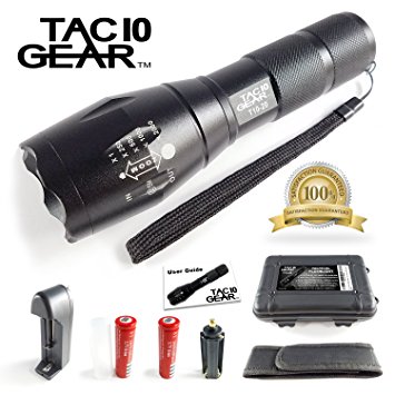 TAC10 GEAR LED Tactical Flashlight CREE XML-T6 Includes 2 Rechargeable Li-Ion Batteries and Charger Plus Holster Adjustable Zoom Focus 5 User Modes 1000 Lumens Water Resistant