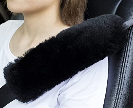 Faddist 4 Pack Fluffy Soft Rabbit Fur Plush Car Seat Belt Pads Seatbelt Shoulder Pad for a More Comfortable Driving, Compatible with All Cars (Black)