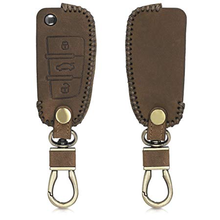 kwmobile Car Key Cover for Audi - Heavy Duty Genuine Leather Protective Key Fob Cover for Audi 3 Button Flip Key - Brown