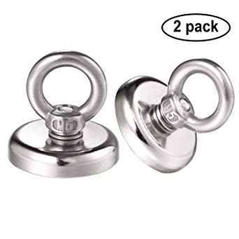 Magnetic Hooks, 2 Pack Super Strong Neodymium Fishing Magnets, 75 lbs(35KG) Pulling Force Rare Earth Magnet with Eyebolt for Retrieving in River and Magnetic Fishing- Diameter 1.26 inch(32 mm)