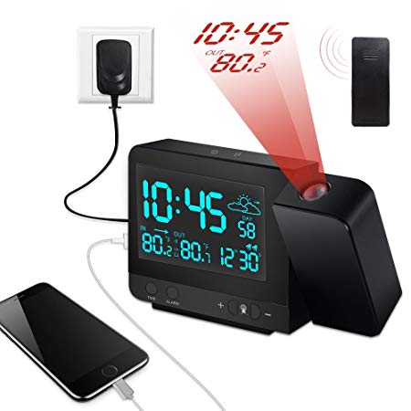 Dr. Prepare Digital Multifunctional Projection Alarm Clock with Indoor/Outdoor Thermometer Hygrometer, Weather Station, Dual Alarm, Colorful Backlight, and USB Charging