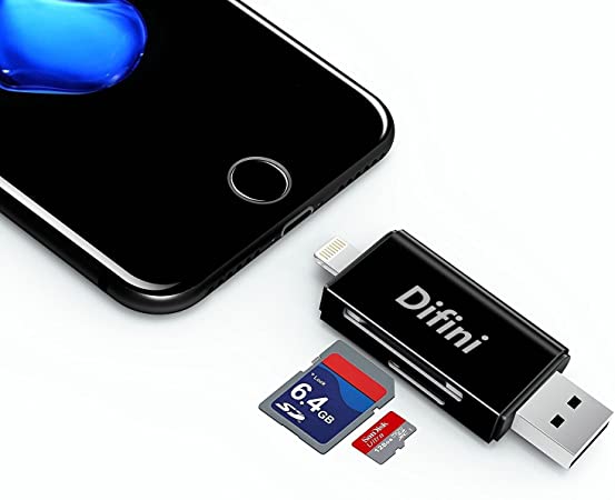 Difini Micro SD Card Reader, TF Memory Card Camera Reader Adapter Connector, External Storage Memory Expansion Compatible iPhone/iPad/Android Phones/Mac/PC, 3 in 1 (Black)