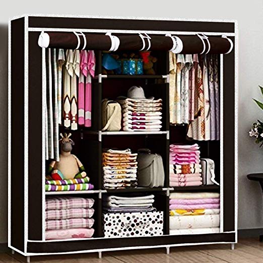 Kurtzy Collapsible Clothes Storage Wardrobe Cupboard Closet with 6 Cabinet and 2 Long Shelves Organizer Hanging Rail Rack Foldable Portable Canvas Drawers