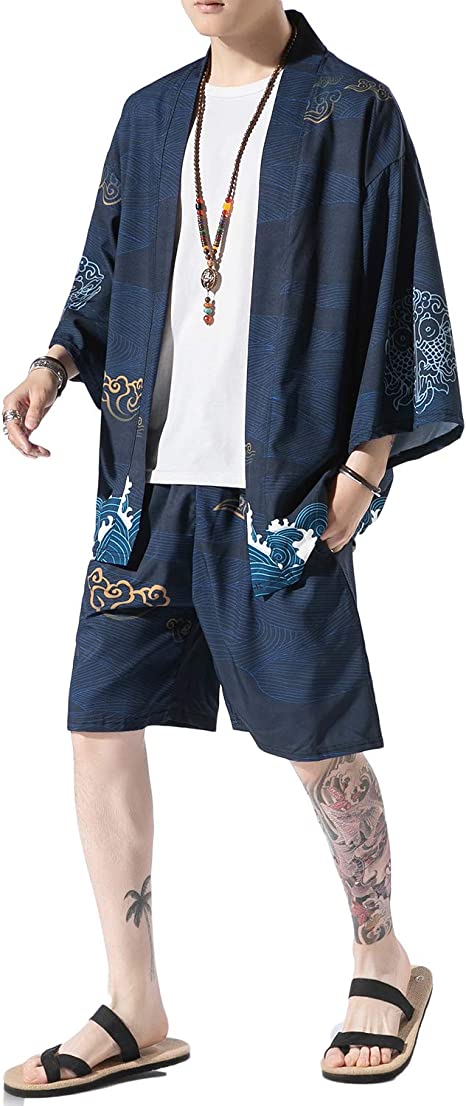 PRIJOUHE Men's Japanese Style Kimono Tops Pants Sets Lightweight Casual Seven Sleeves Open Front Cardigan & Shorts