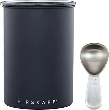 Airscape Stainless Steel Coffee Canister & Scoop Bundle - Food Storage Container - Patented Airtight Lid Pushes Out Excess Air - Preserve Food Freshness (Medium, Matte Black & Scoop)