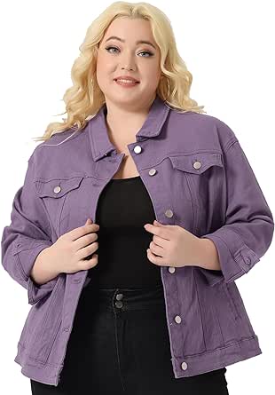 uxcell Women's Plus Size Stitching Button Front Washed Denim Jacket