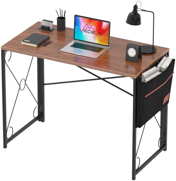 VECELO 39 Inch Writing Computer Folding Desk/Sturdy Steel Laptop Table with Storage Bag for Home Office Work, Classic Brown