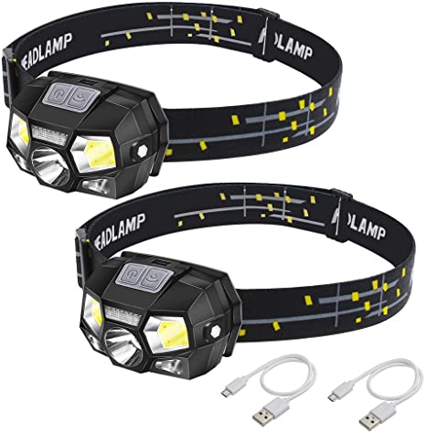 LED Headlamp Flashlight Rechargeable, Motion Sensor Switch, 5 Lighting Modes Work Head Lights with White and Red Light, Perfect for Outdoor Camping, Cycling, Running, Fishing, Hiking - 2 Pack