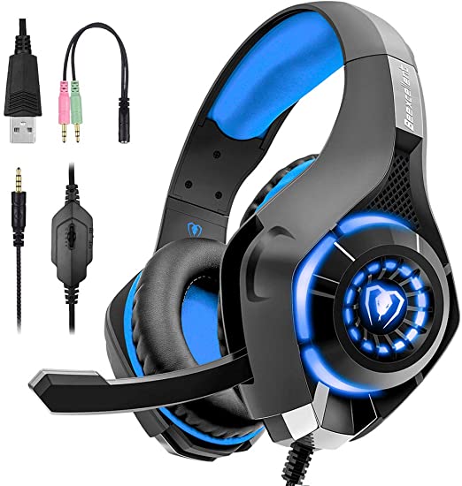 Beexcellent Gaming Headset for PS4, Xbox One Controller, PC, Over Ear Headphones with Noise Cancelling Mic, Soft Memory Earmuffs, LED Light, Stereo Bass Surround Sound for Nintendo Switch Laptop Mac