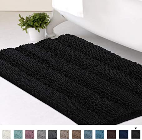 Bath Mats for Bathroom Non Slip Luxury Chenille Striped Bath Rugs 20x32 Absorbent Non Skid Fluffy Soft Shaggy Rugs Washable Dry Fast Plush Area Carpet Mats for Indoor, Bath Room, Tub - Jet Black