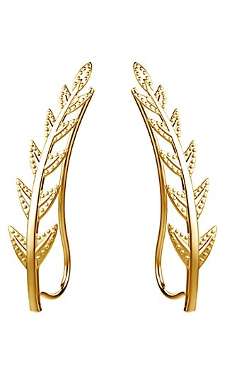 Ear Crawler Cuff Earrings 14k White Gold Over Sterling Silver Ear Climber Studs Olive Leaf Hypoallergenic