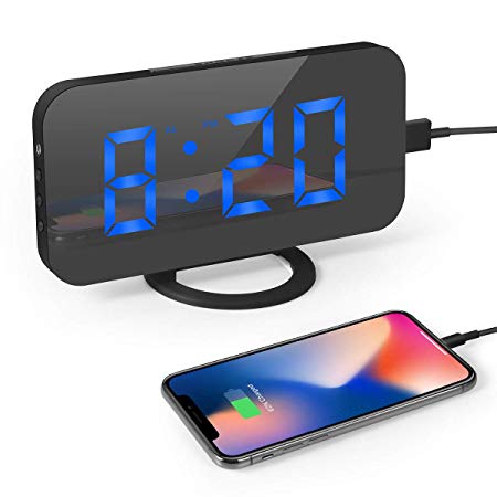 Digital Alarm Clock, BabyNora alarm clock 6.5'' Large Mirror Surface Digital LED Clock Bedside Mains Powered with Snooze Function, Auto/Manual 3 Mode Dimmers and Dual USB Port with Charging for Office