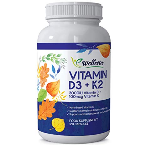 Vitamin K2 MK-7 100mcg & Vitamin D 3,000 iU - Premium Formulation for Maximum Absorption & Best Results - Supports Maintenance of Normal Bones - 100% Vegetarian & Vegan Supplement by Wellesta