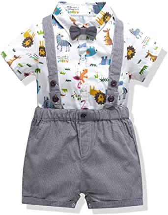 Carlstar Baby Boys Gentleman Outfit Suits Infant Boys Short Pants Set Short Sleeve Romper Shirt Suspender Pants Bow Tie 4pcs