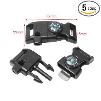 5pcs Pack 5/8" Compass Fire Starter Whistle Buckle Emergency Survival for Paracord Bracelet Outdoor Activity #FLC158-FWC(Black)