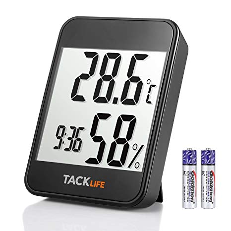 Tacklife Digital Hygrometer Indoor Thermometer Humidity Monitor with Alarm Clock/Large Backlight LCD Display/MAX-MIN Records/Time Display/Adjustable Bracket - HM02 (Battery Included)