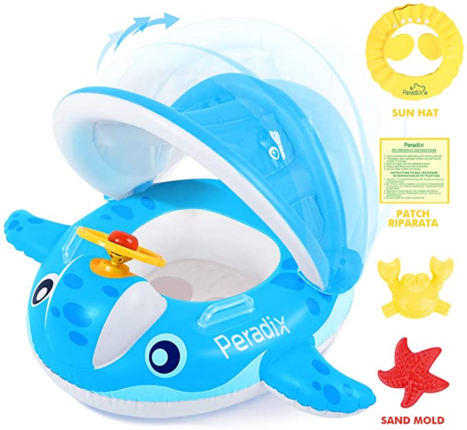 Peradix Baby Pool Float with Canopy Sunshade, Whale Infants Water Toys Inflatable Swimming Ring for Toddlers in Summer, with Sunhat & Sand Play Molds Toys(Blue)