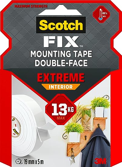 Scotch-Fix Extreme Interior Double Sided Mounting Tape, 19mmx 5m - For Indoor Extreme Use, Works on Hard Plastics, Metal, Painted surfaces and Wood - Holds up to 13kg